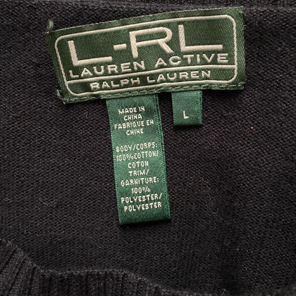 Ralph Lauren Active Women’s Cotton Black w/ Striped Sleeves Crewneck Sweater L - Picture 6 of 7